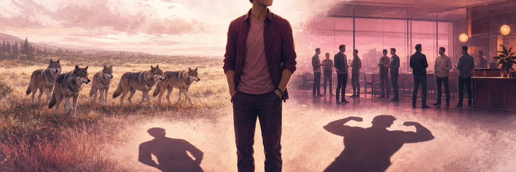 Relaxed man between a cooperative wolf pack and contrasting shadows of confidence and dominance.