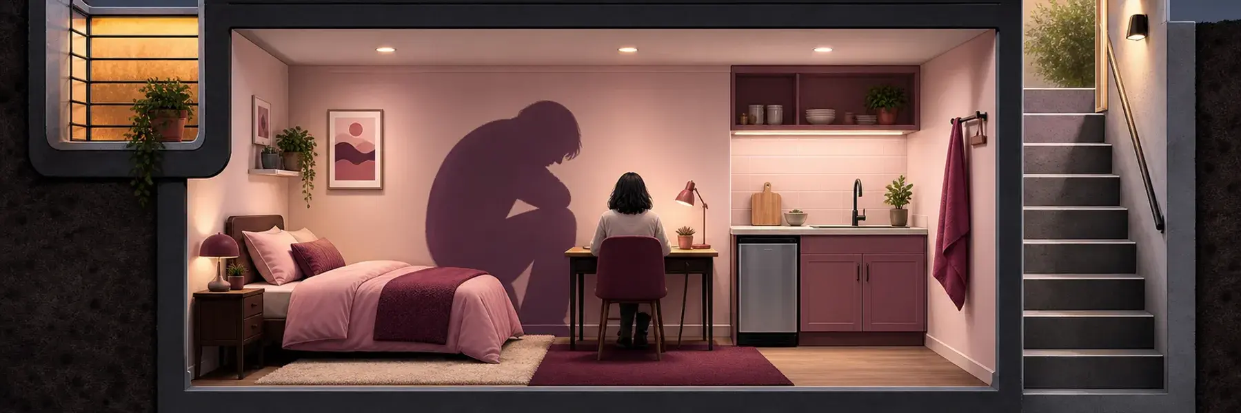 Resident in a tidy basement suite beside an exaggerated slouched shadow representing the stereotype.