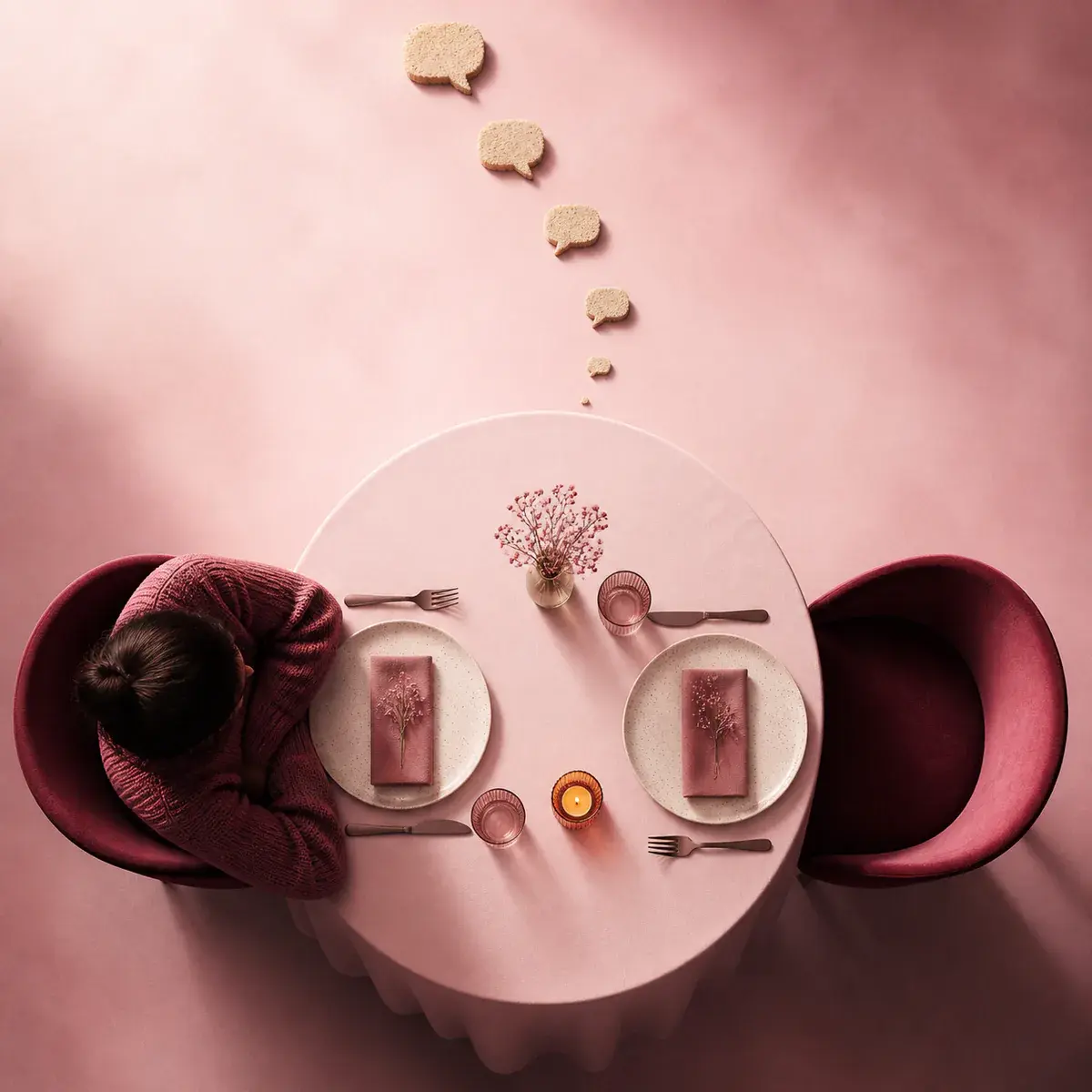 Speech-bubble-shaped breadcrumbs stopping short of a table set for two with one empty chair.