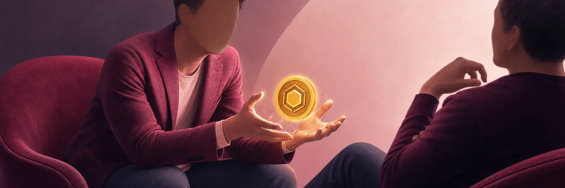 Obscured man enthusiastically presenting a glowing cryptocurrency token as another person leans back.