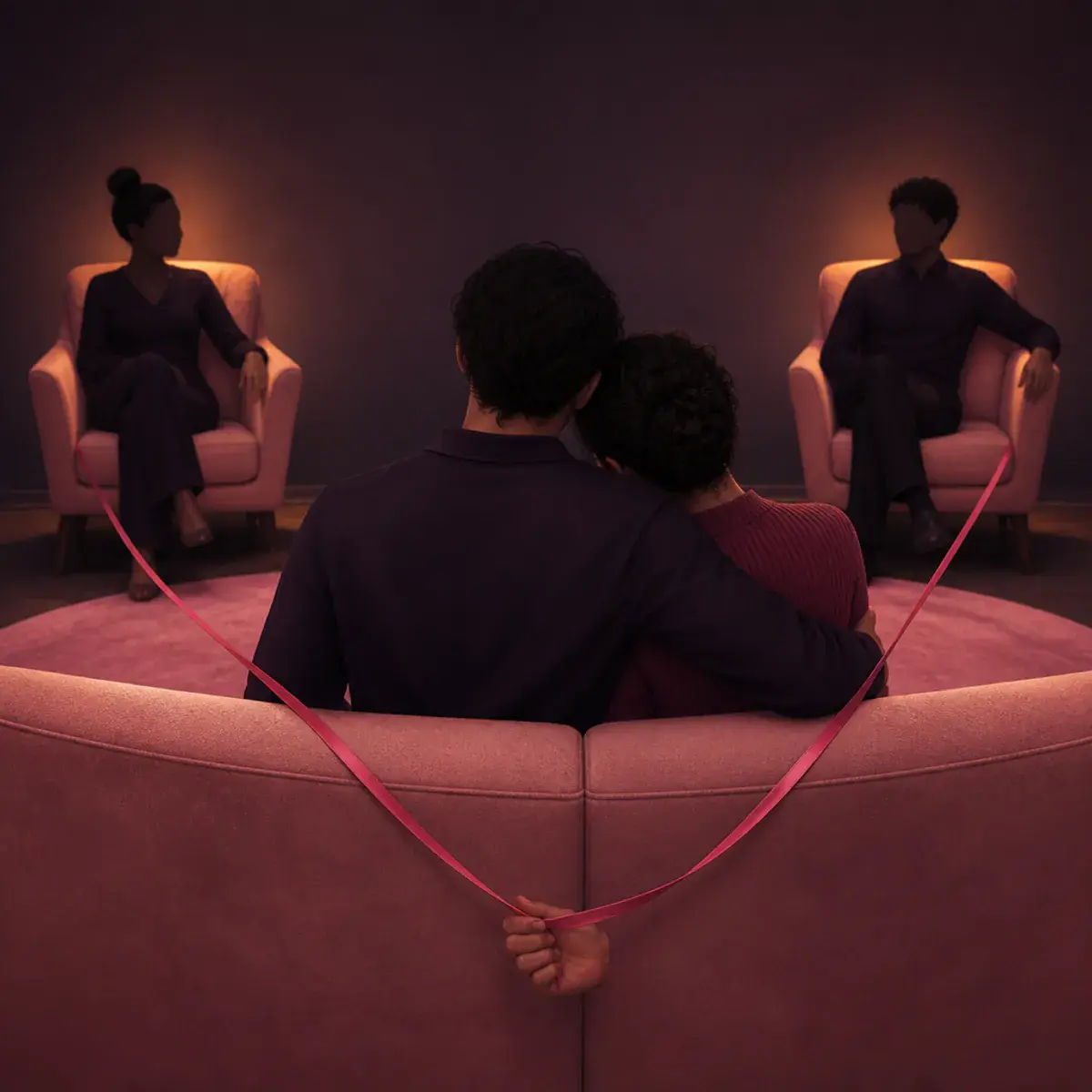 Faceless person beside a partner while secretly holding ribbons connected to two softly lit cushioned chairs.