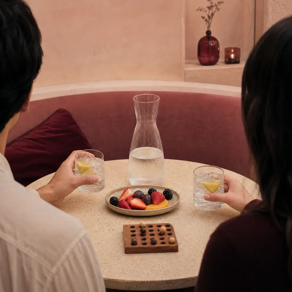 Two people on a date sharing sparkling citrus water at a softly lit table.