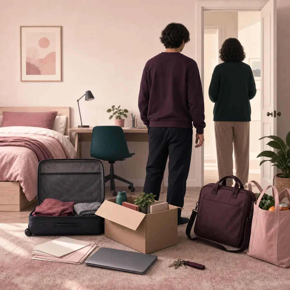 Young adult and older parent reviewing household expenses together at a family dining table.