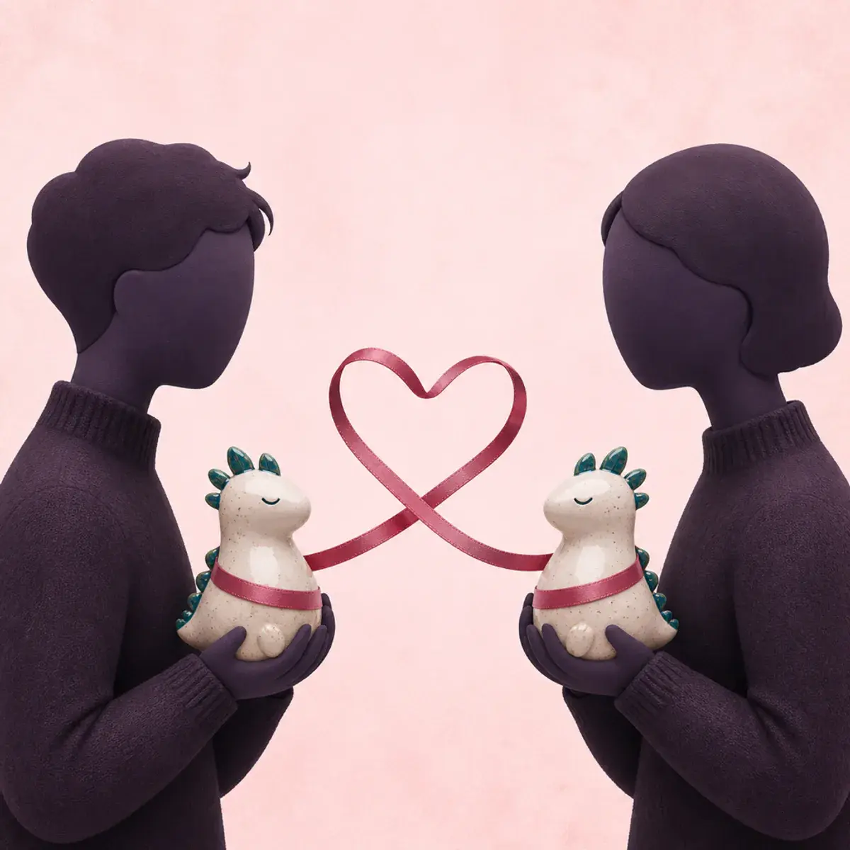 Two faceless figures holding matching quirky figurines linked by a rose ribbon shaped like a heart and infinity loop.