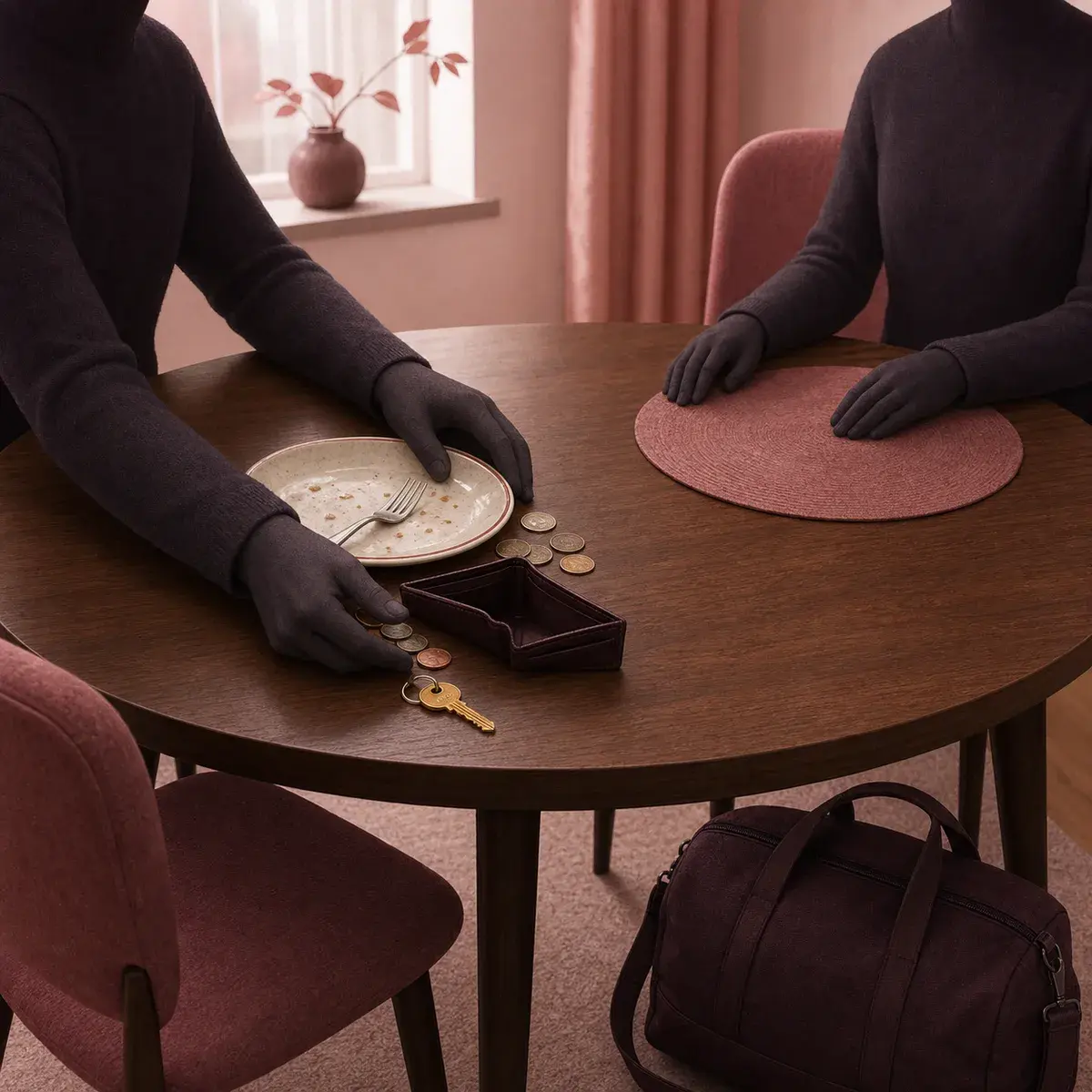 Obscured guest drawing a meal, coins, and a house key across a shared table without offering anything in return.