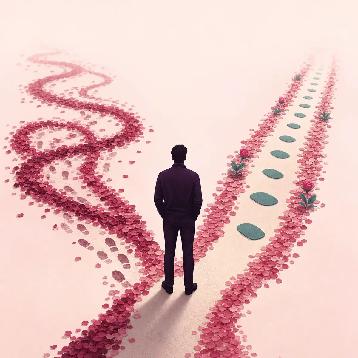 Faceless man between a clear path and a looping trail of overlapping footprints.