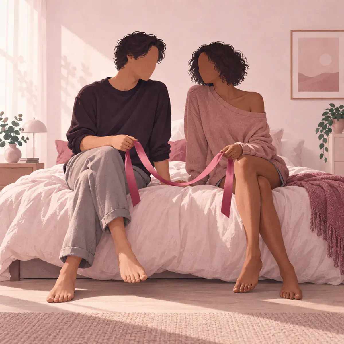 Two faceless adults sitting close on a bed with a loose ribbon connecting their hands.