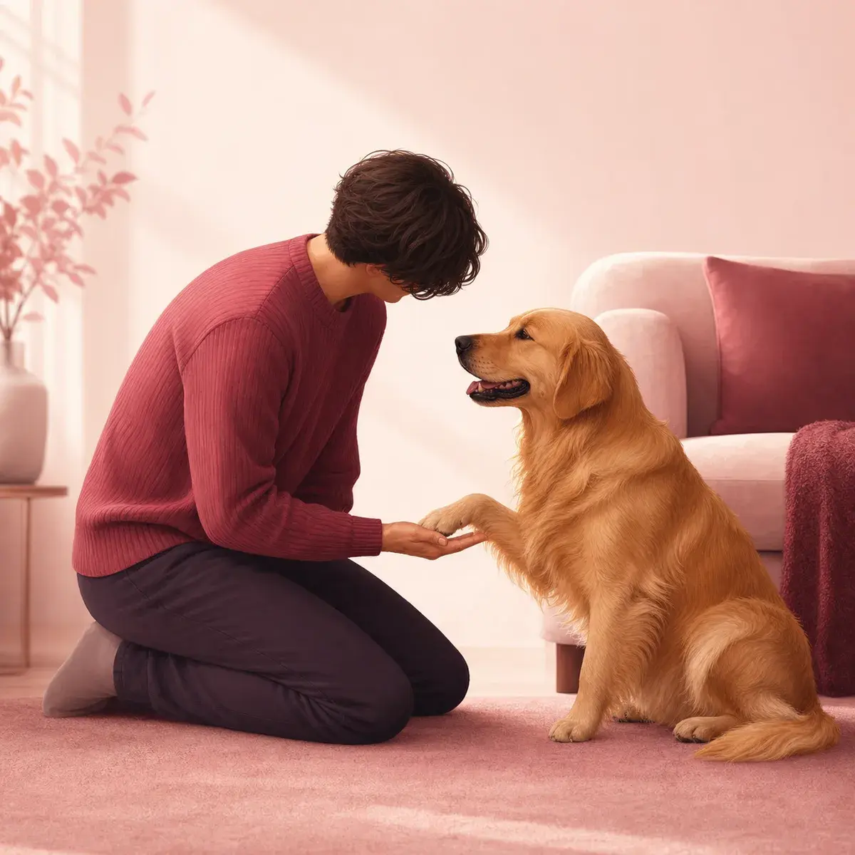 Faceless man gently holding paws with a golden retriever in a softly lit living room.