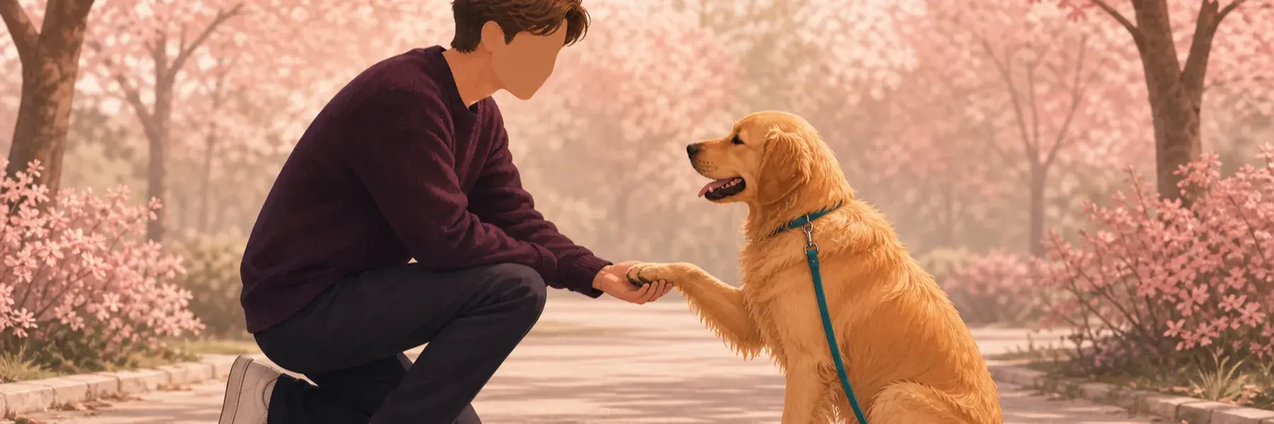 Faceless man exchanging a paw with a golden retriever on a quiet park path.