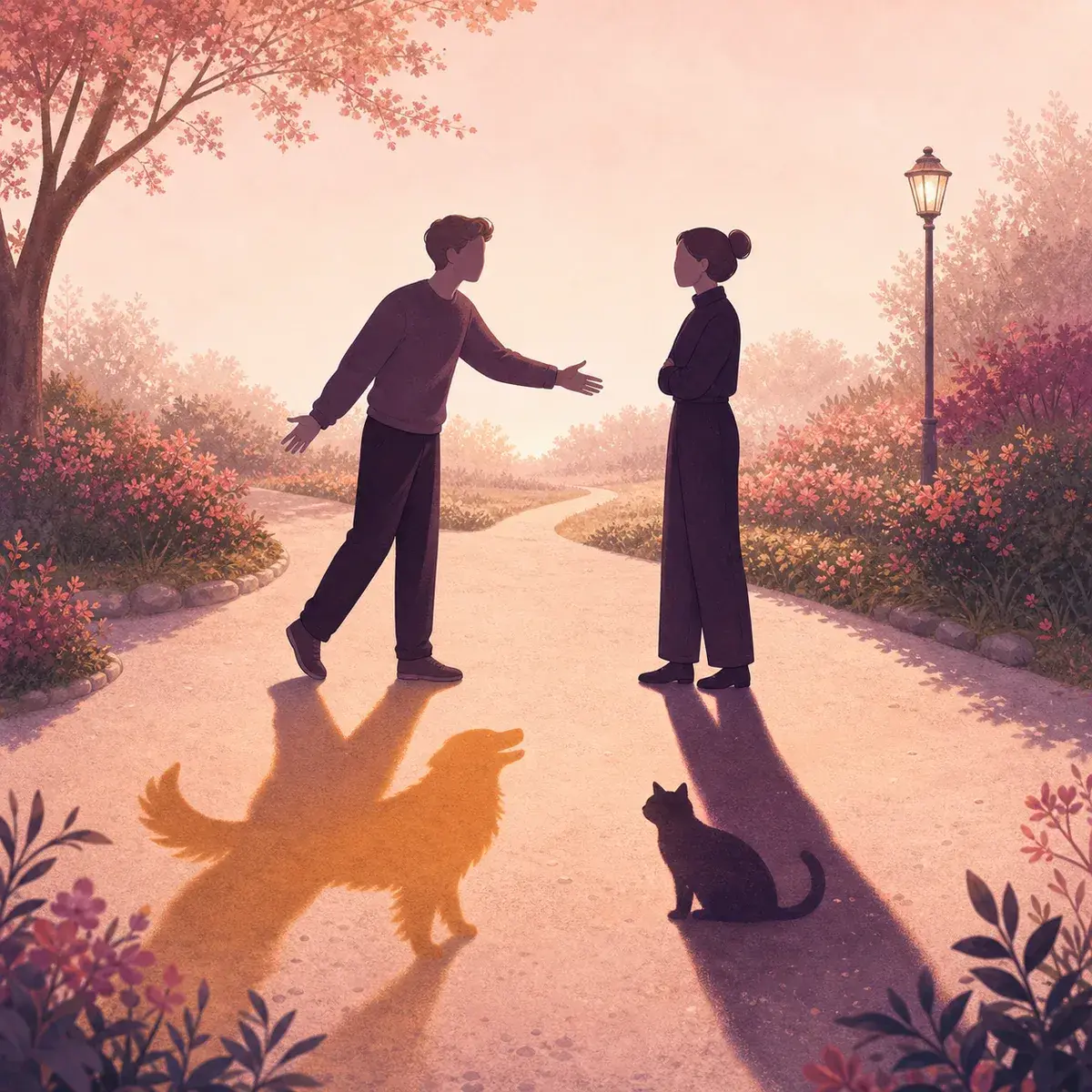 Two faceless people meeting as their shadows resemble a golden retriever and a black cat.