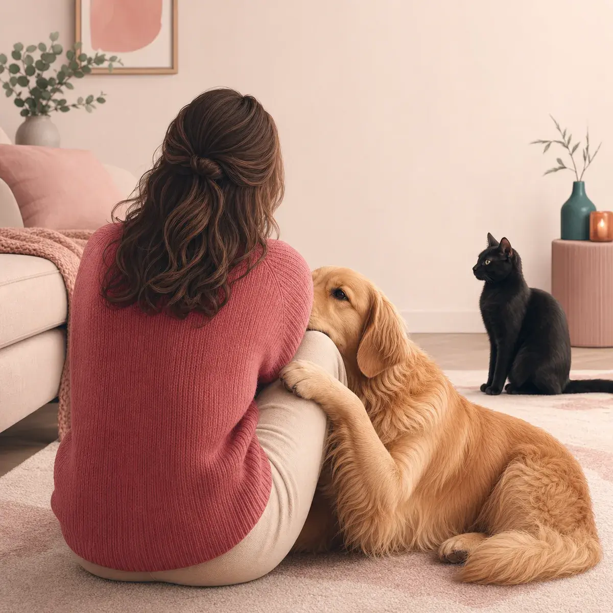 Woman beside an affectionate golden retriever and a reserved black cat in a calm living room.
