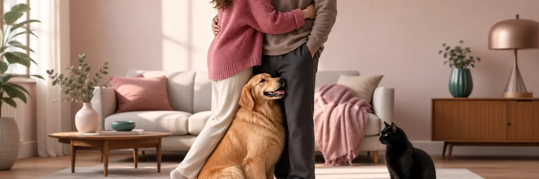 Faceless woman embracing a partner beside a leaning golden retriever and a seated black cat.