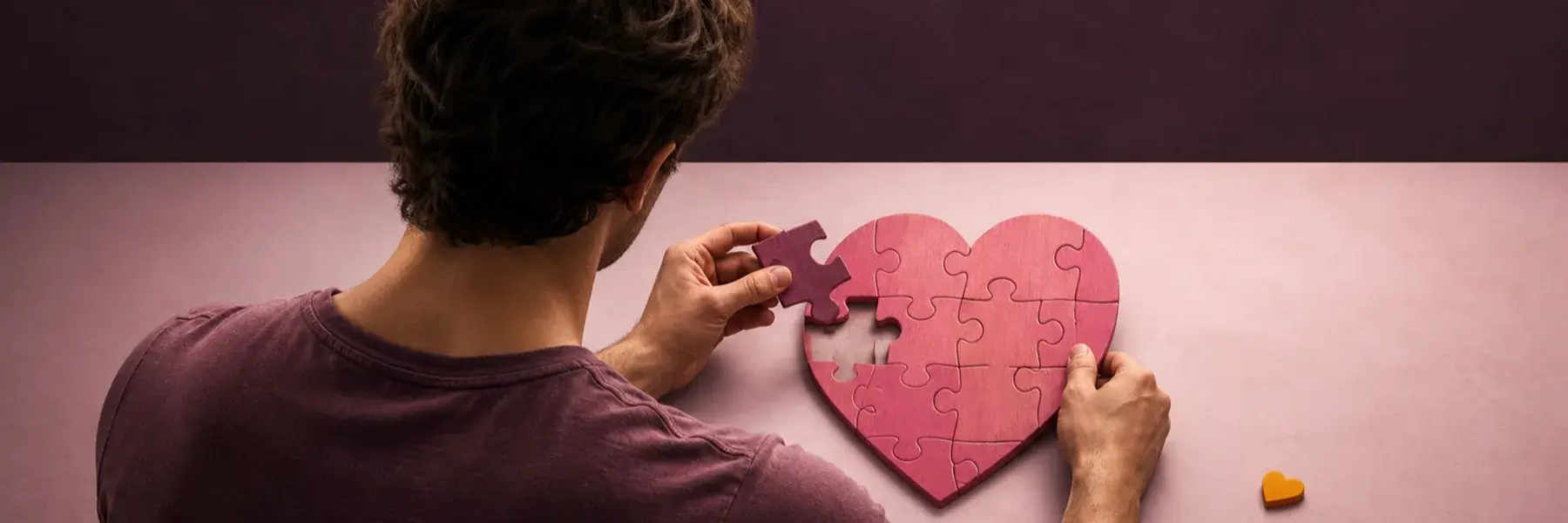 Broad-shouldered man gently puzzling over a mismatched piece for a heart-shaped wooden puzzle.