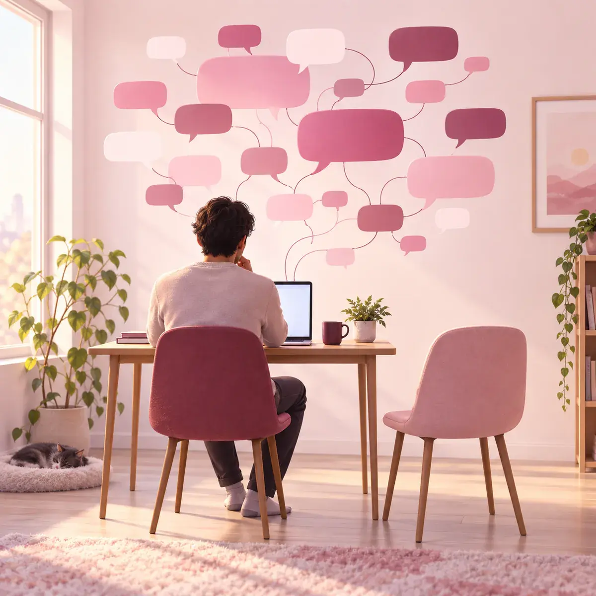 Faceless person sitting alone at a laptop surrounded by blank online discussion shapes and an empty chair.