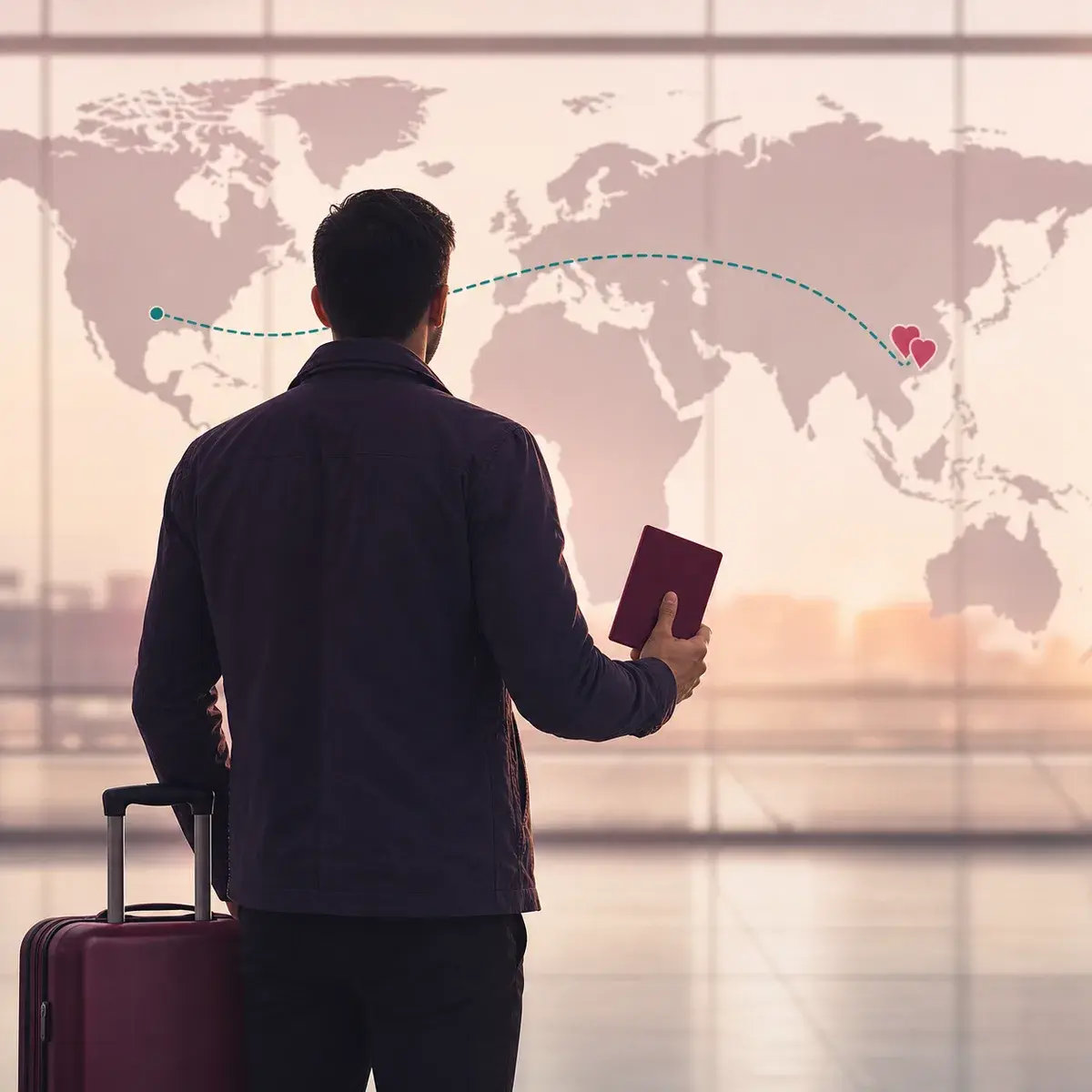 Obscured male traveler holding a passport and suitcase beside a world map with a subtle international route.