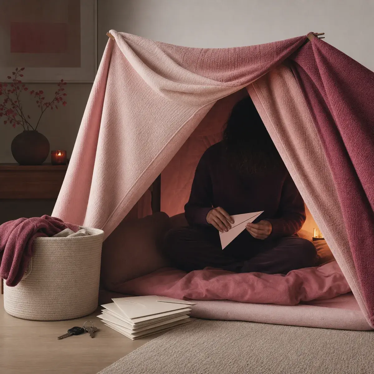 Obscured adult sitting in a blanket fort while household responsibilities wait outside.
