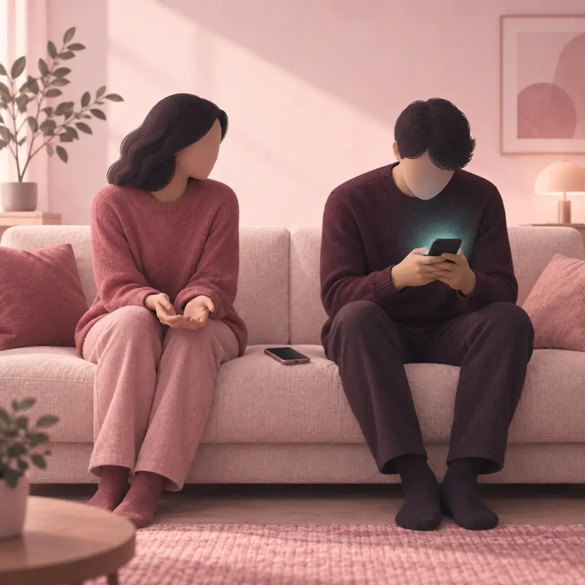 Two faceless people sit together as one looks at a phone and the other waits beside them.