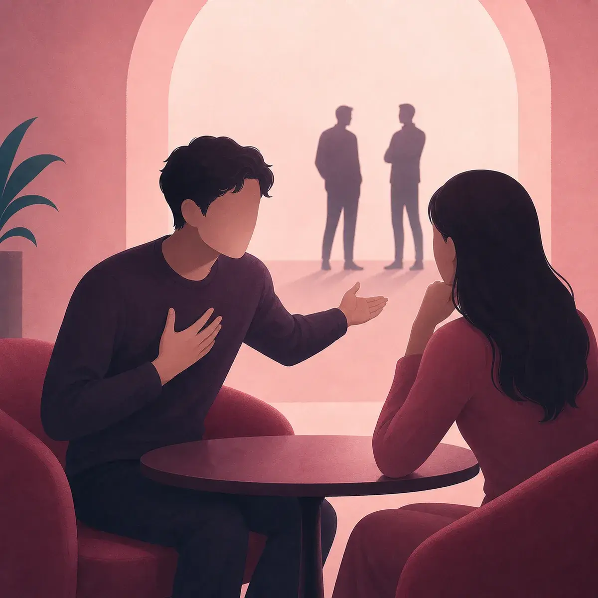 Faceless young man gestures self-consciously toward other men while seeking reassurance from a woman.