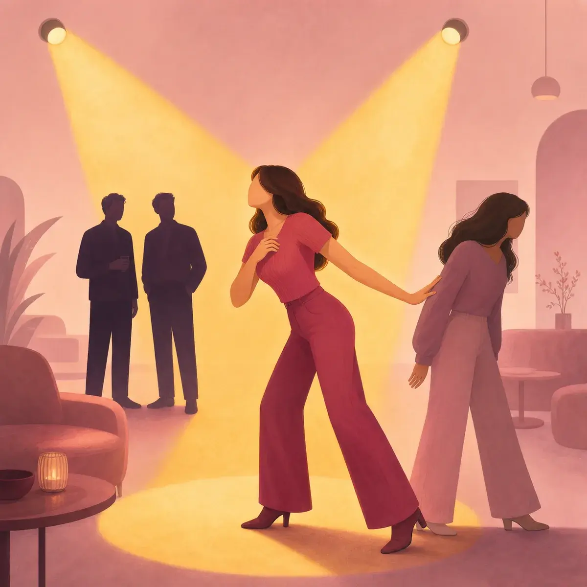 Faceless woman moves toward male attention while edging another woman out of the spotlight.