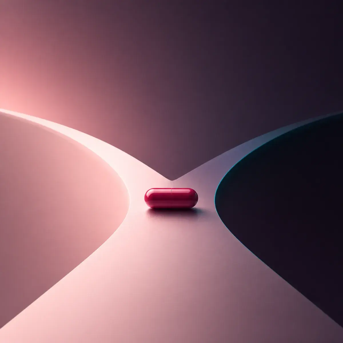 Red capsule resting where a softly lit path splits into two directions.