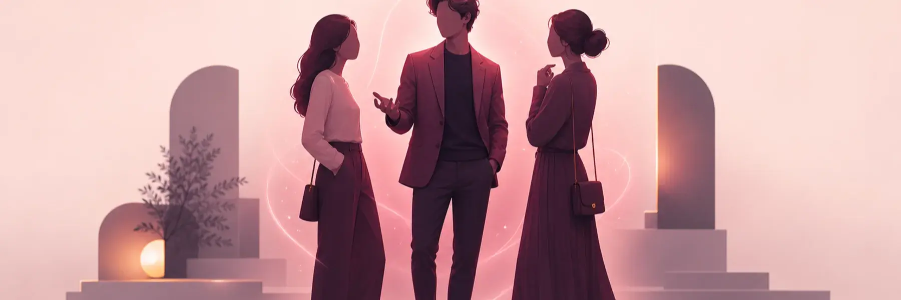 Faceless young man confidently engaging two attentive people at a quiet social gathering.
