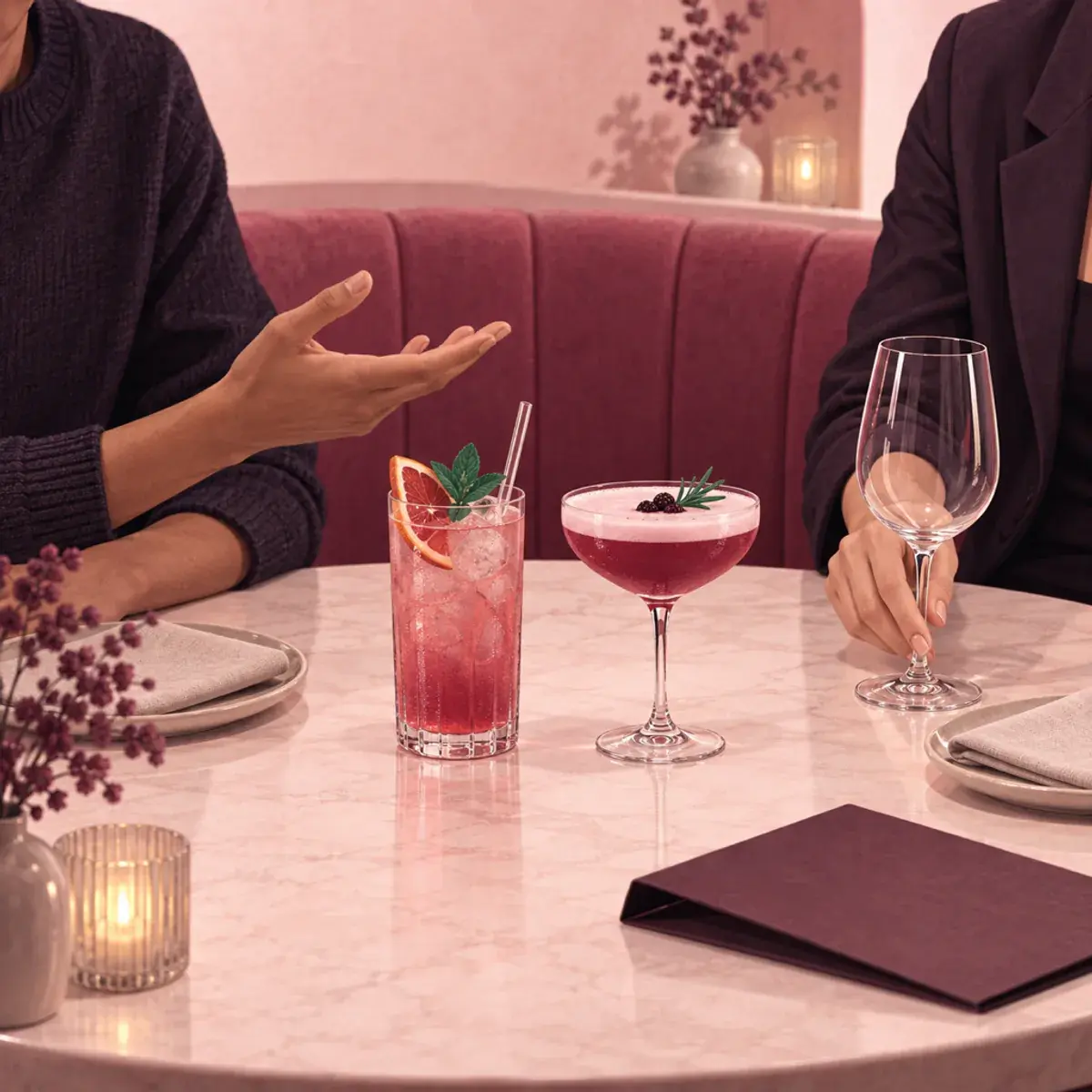Two people calmly talking across a restaurant table with alcohol-free drinks as an empty wine glass is set aside.