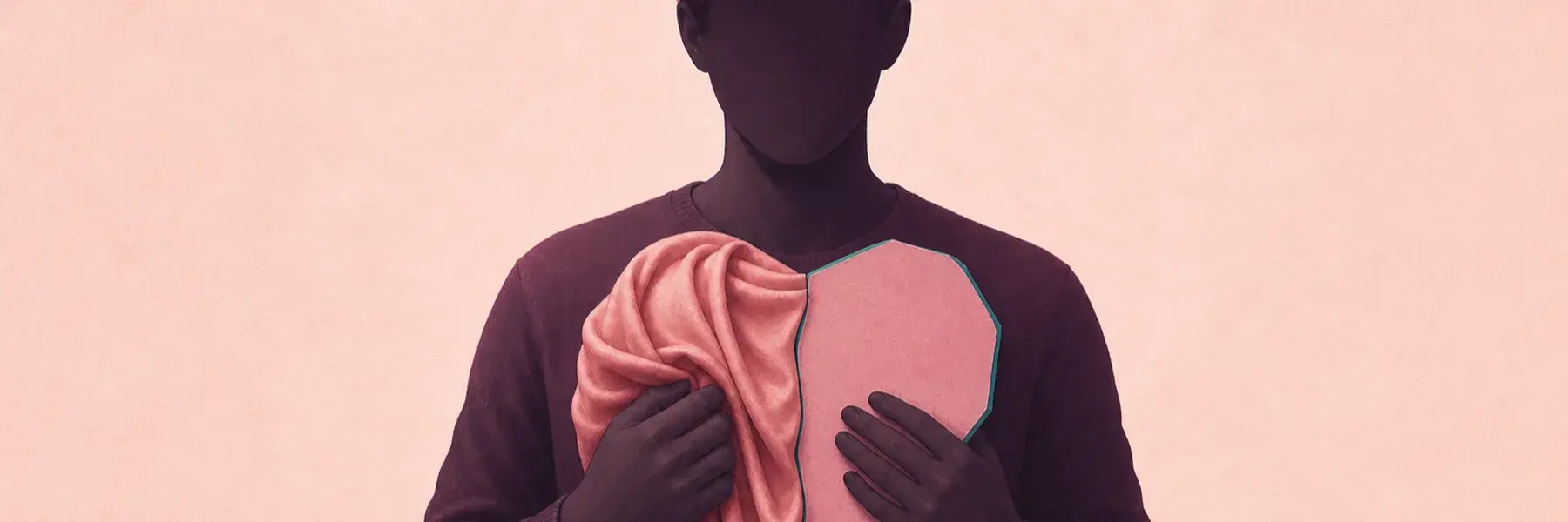 Faceless man holding rose fabric that transitions into a theatrical cutout over his heart.