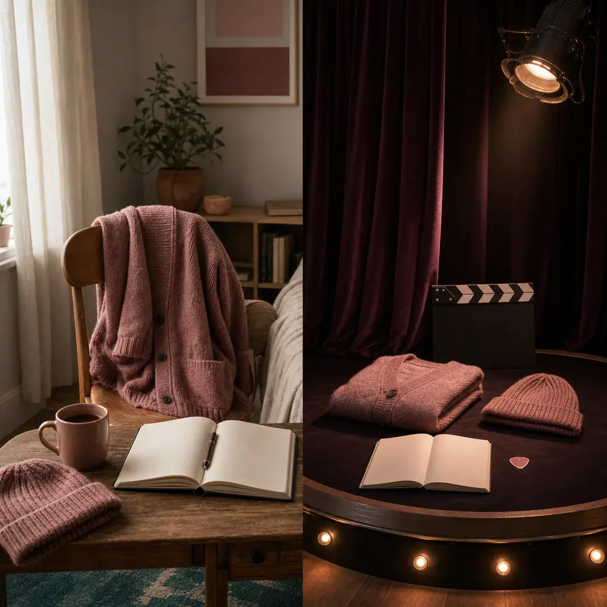 A rose cardigan, beanie, and blank journal shown casually at home and deliberately staged under theater lights.