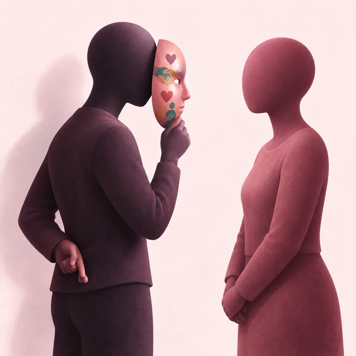 A faceless person presents an inclusive-looking mask to another person while crossing their fingers behind their back.