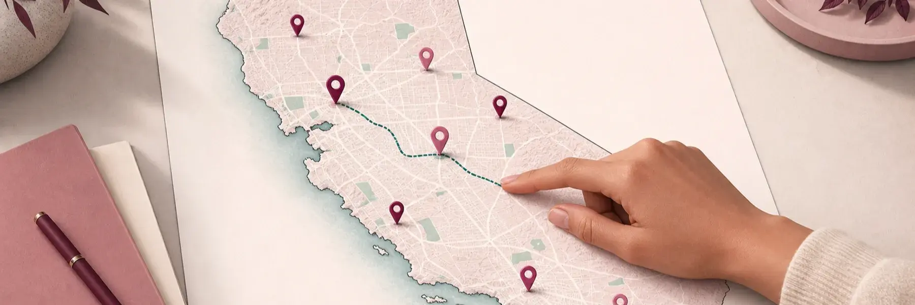 Hand tracing a California map marked with discreet rose location pins.