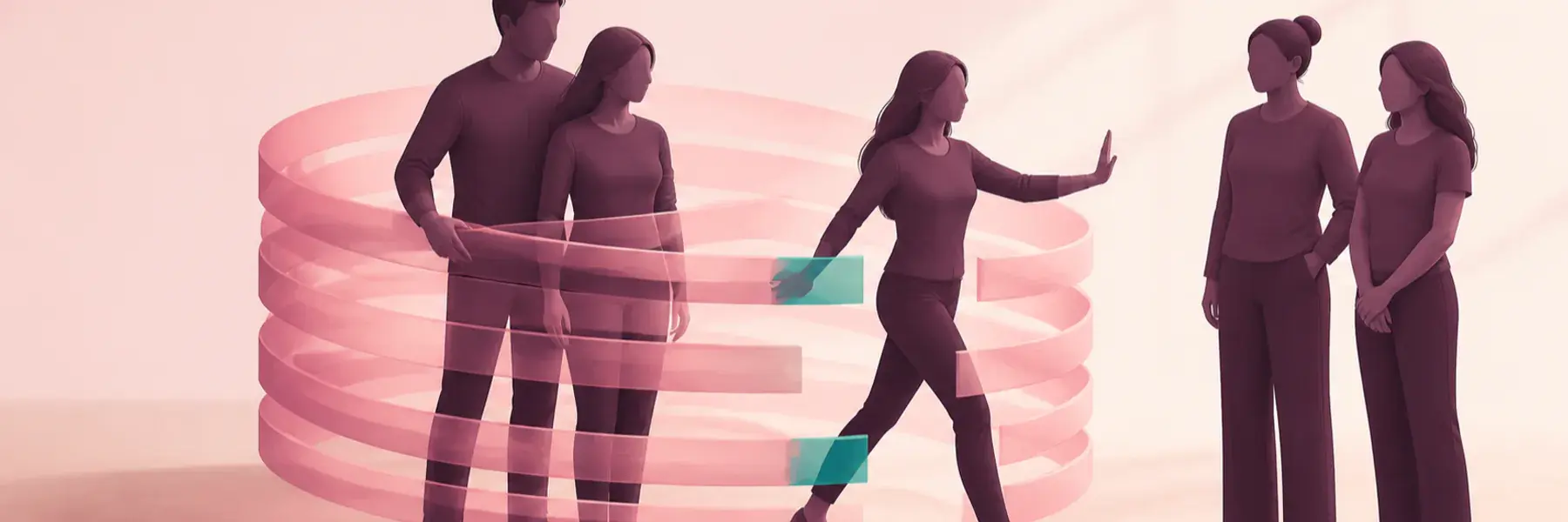 Faceless male partner draws rose-colored bands around another person who raises a hand and steps through an opening.