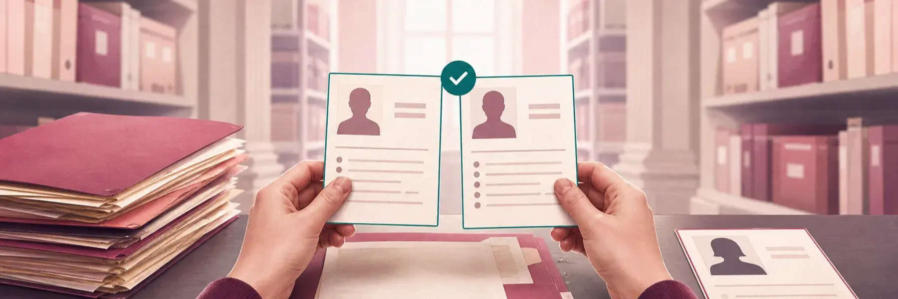 Anonymous hands compare matching identity cards with court record files on a research desk.