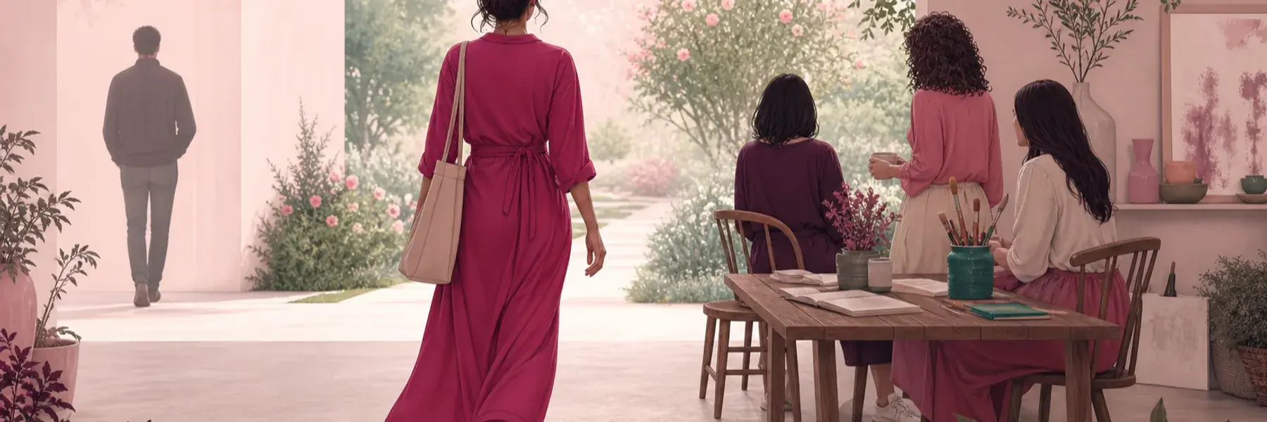 Woman moving away from a distant man toward friends, creative pursuits, and her own path.