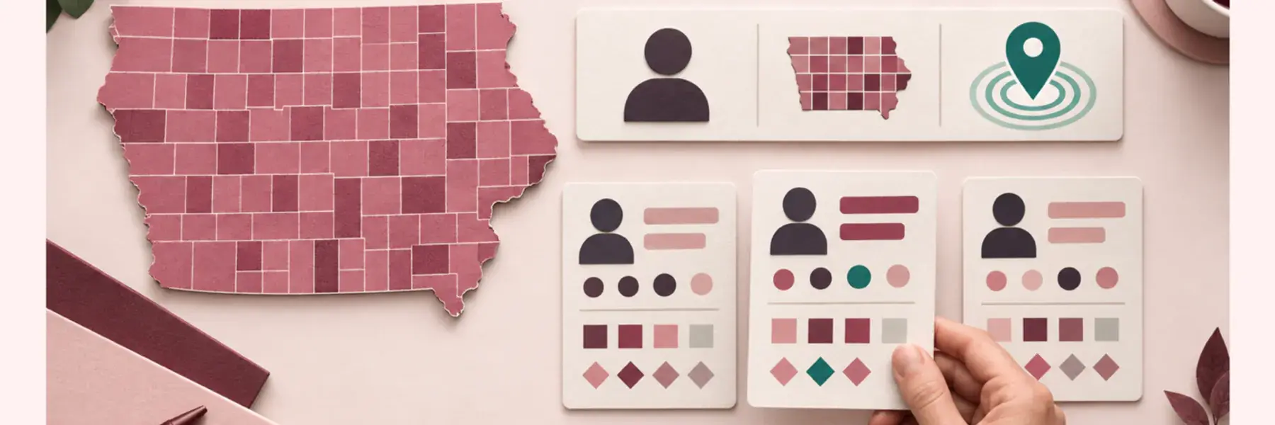 Iowa map beside an illustrated registry search and two anonymous records being compared for identity confirmation.