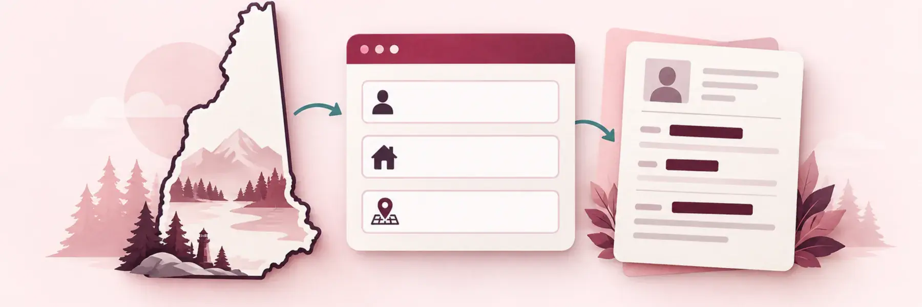 New Hampshire outline beside illustrated name, street, and ZIP registry search fields and a partially concealed public-record card.