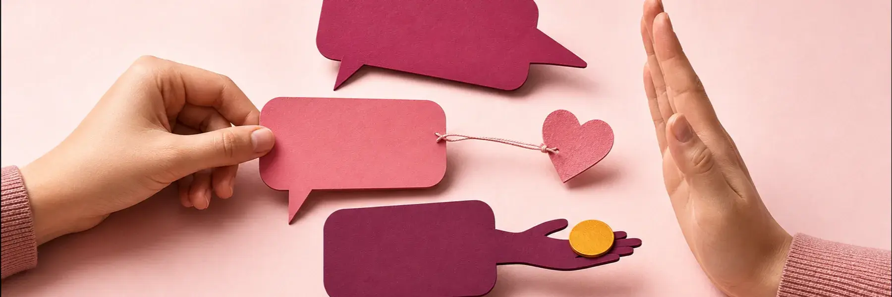 Anonymous hands recognize pushy messages, emotional pressure, and a money request in an online dating conversation.