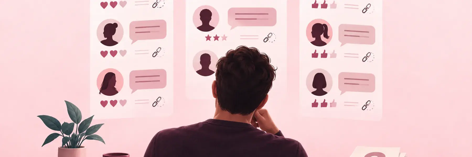 Obscured man considering three separate anonymous dating-post and rating app panels.