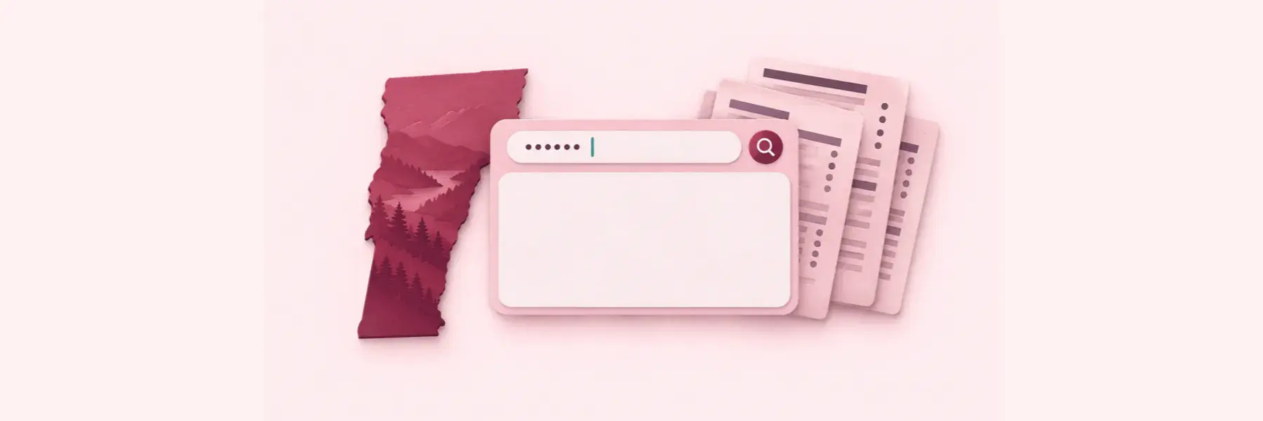 Vermont silhouette beside a blank name-search panel and partially visible anonymized registry cards.