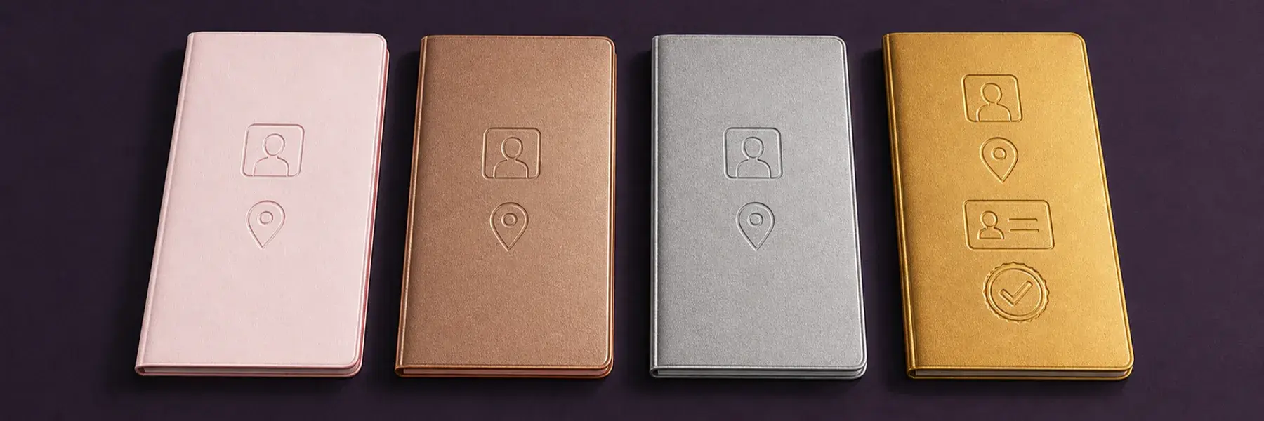 Four blush, bronze, silver, and gold verification folios showing progressively broader checks.