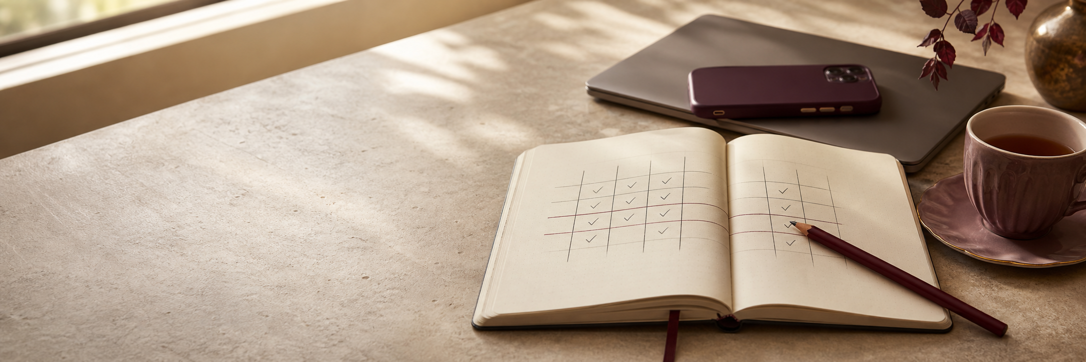 A warm editorial desk scene with a handwritten comparison grid, laptop, phone, pencil, and tea