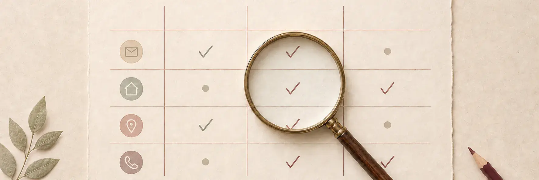 A comparison sheet with email, address, location, and phone rows under a magnifying glass