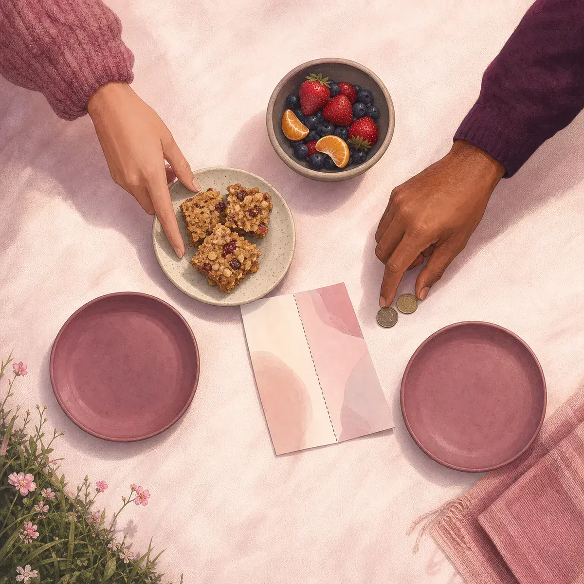 Two people share a simple park picnic while dividing the cost of their date.