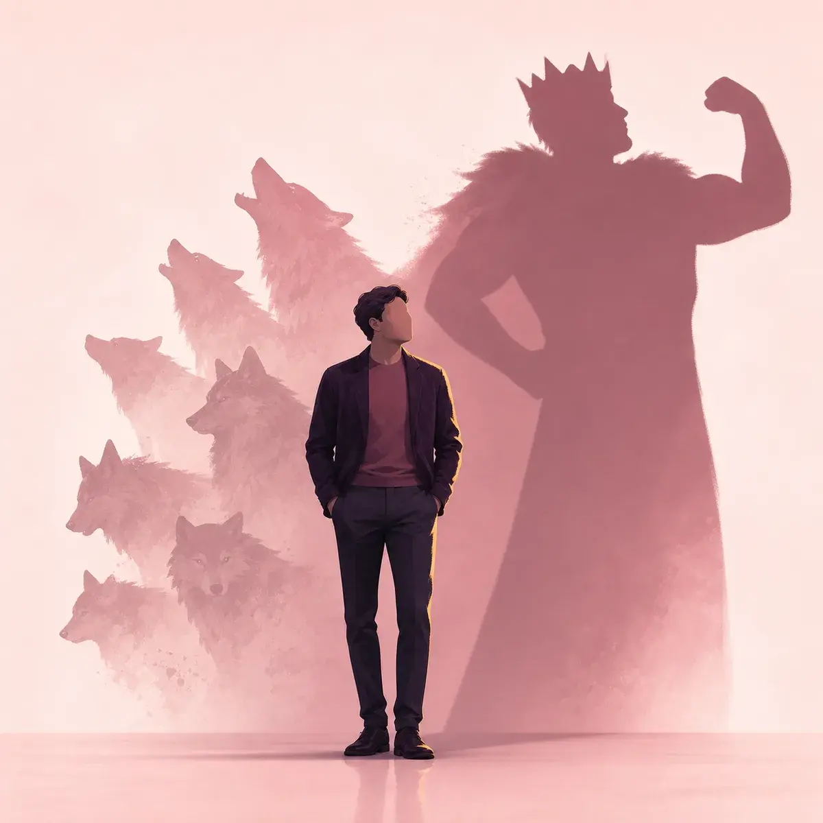 Faceless man standing calmly before fading wolf silhouettes and an exaggerated shadow.