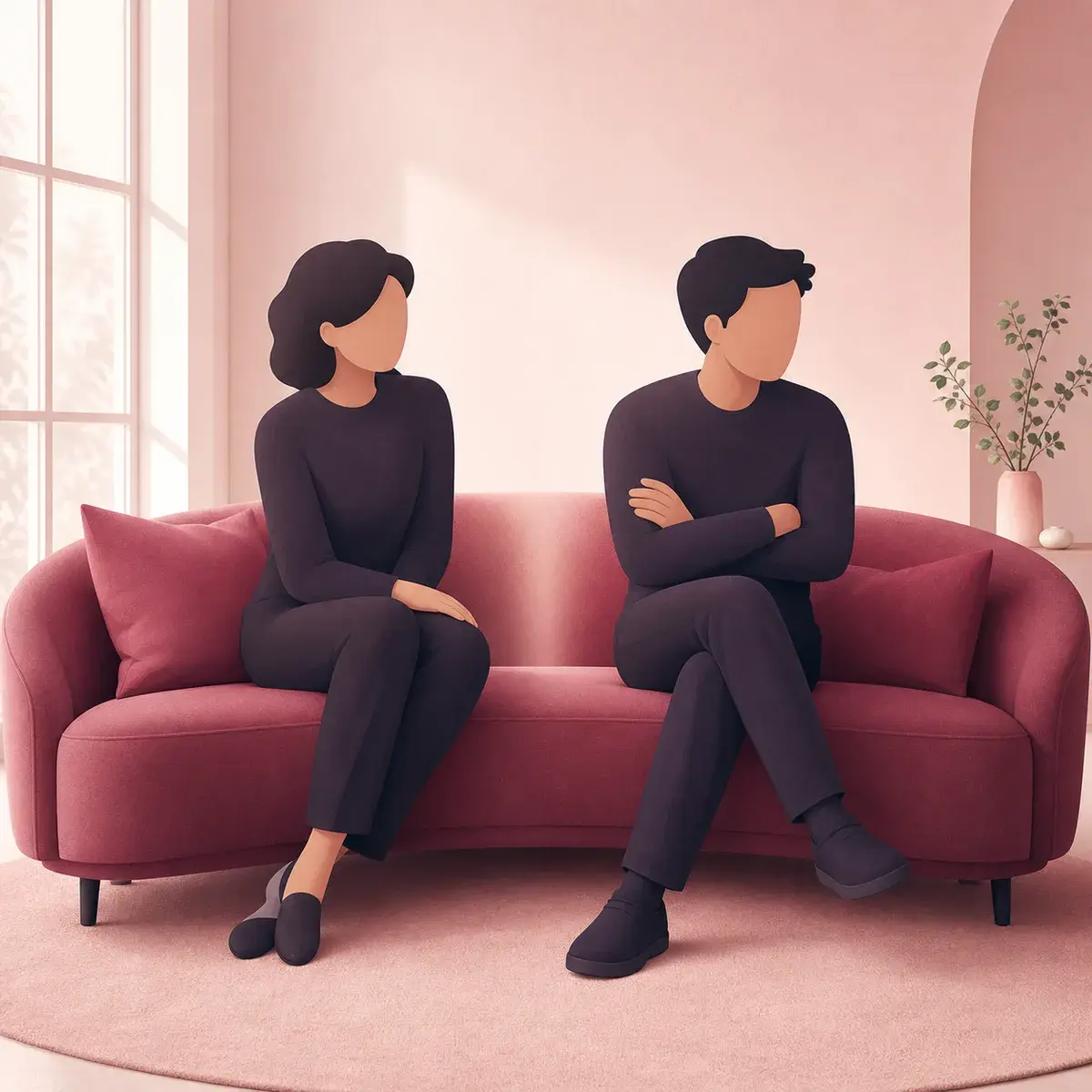 Two faceless partners sit together as one subtly leans away from closeness.