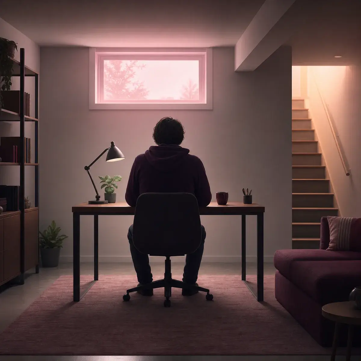 Obscured adult seated at a basement desk near a softly lit staircase.