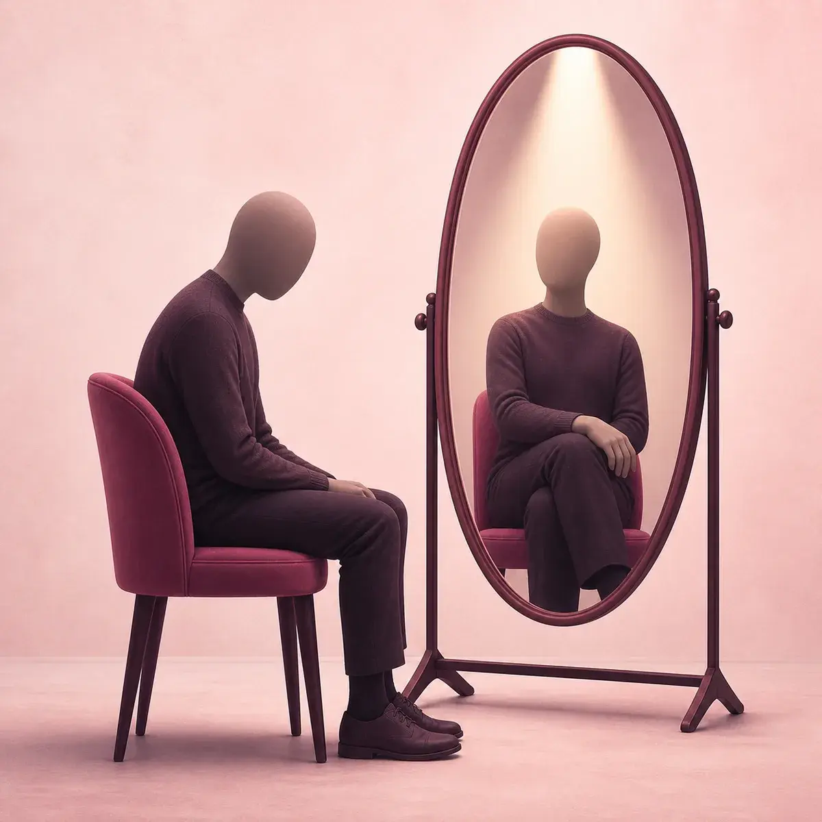 Faceless seated figure with a lowered posture reflected upright in an oval mirror.