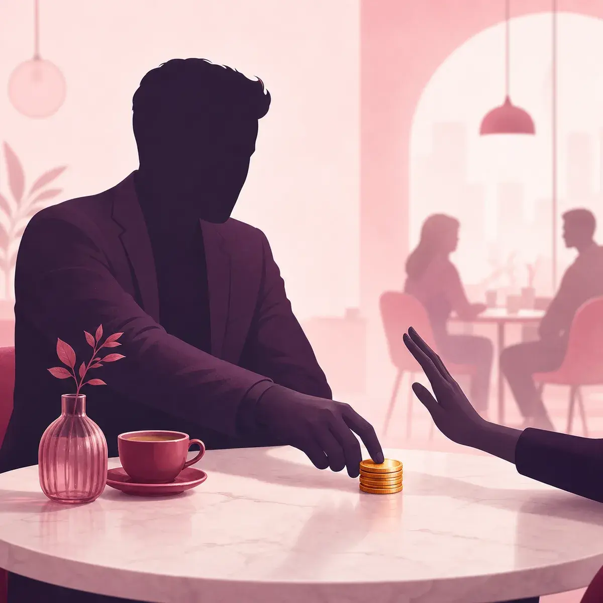 Faceless man sliding unmarked cryptocurrency-inspired coins toward a date whose hand pulls back.