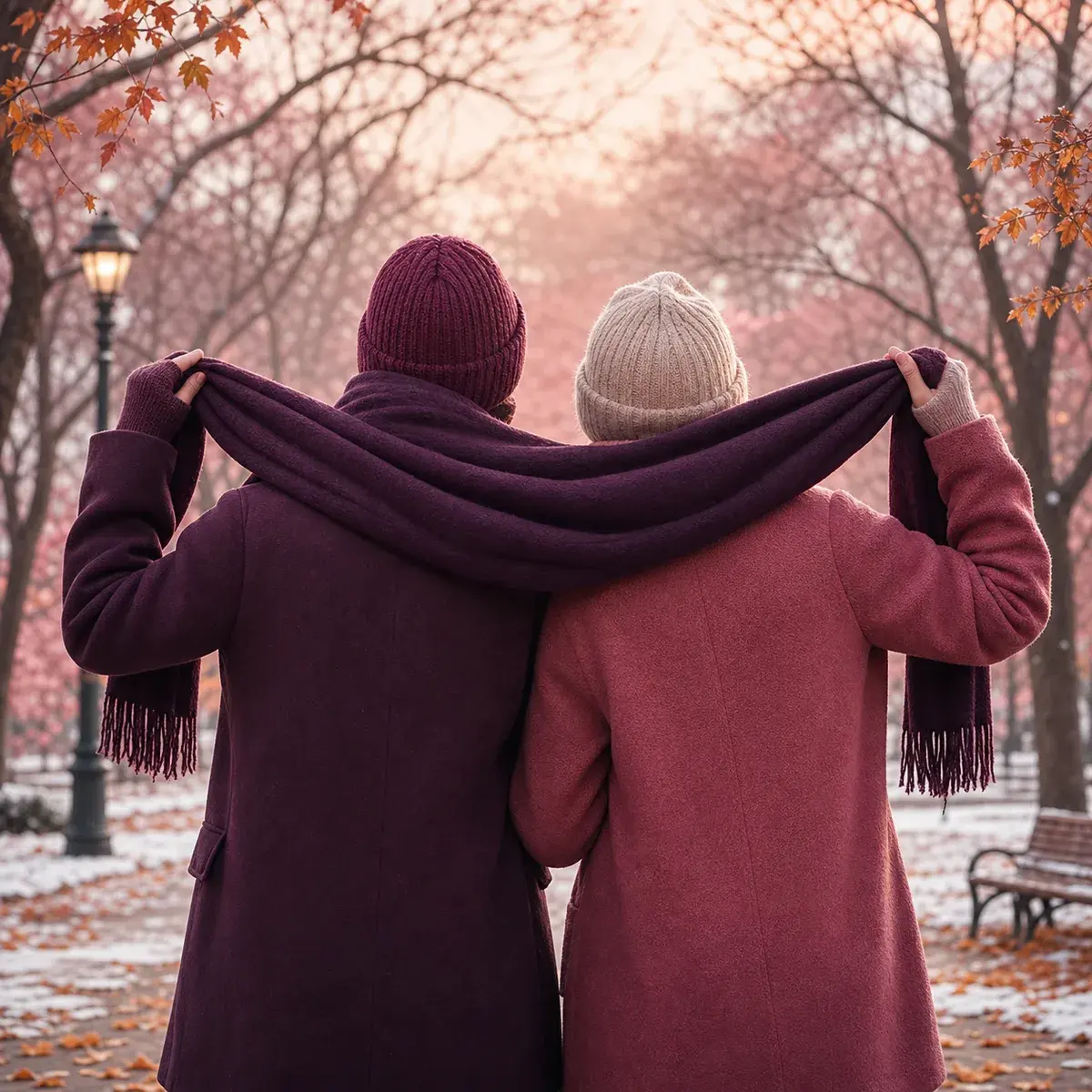 Two bundled figures share a scarf in a quiet late-autumn park.