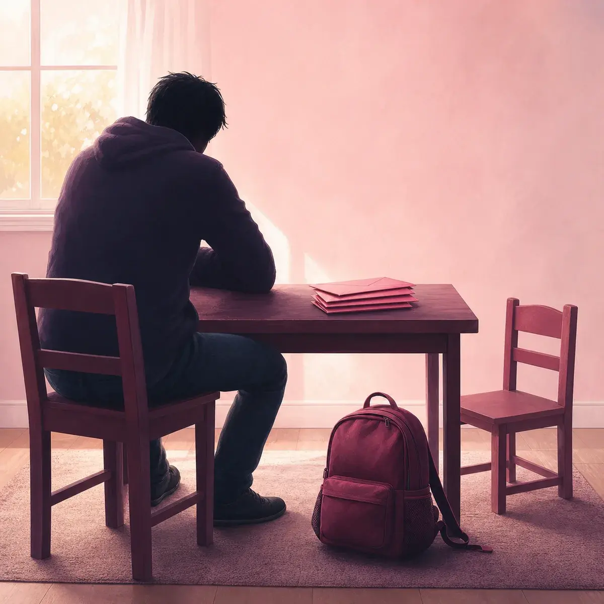 Obscured father seated across from an empty child’s chair with envelopes and a small backpack between them.