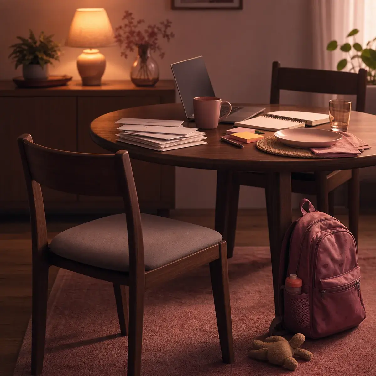 Empty chair beside unattended bills, work materials, a child’s backpack, and a second place setting.